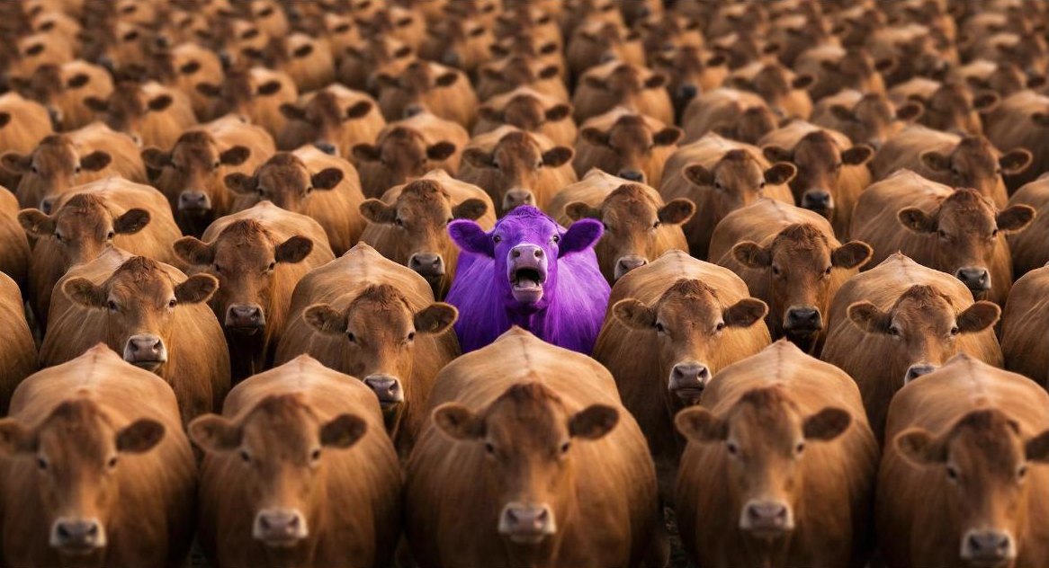 A herd of brown cows with one bright purple cow in the middle